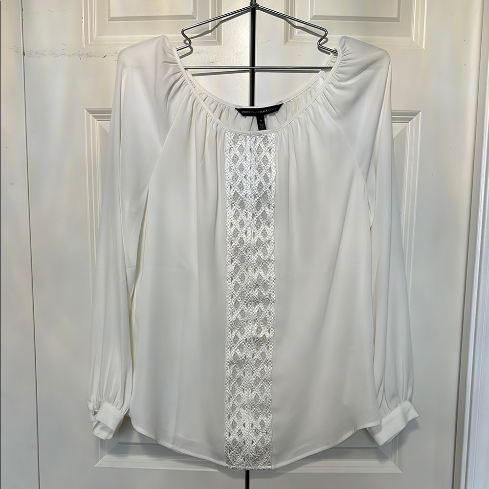 WHITE HOUSE BLACK MARKET Long sleeve Romantic blouse Embroidered front Ecru NWT